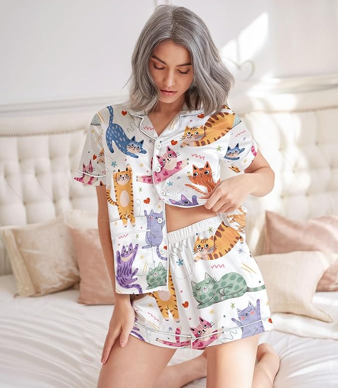 Women’s Silk Satin Pajama Set, Short Sleeve Button Down 2 Piece PJs with Shorts, Cozy Loungewear & Matching Holiday Pajamas