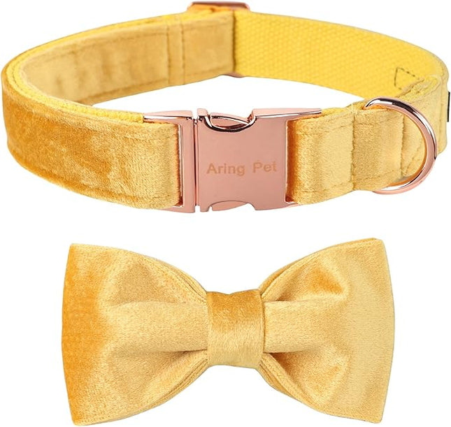 ARING PET Bowtie Dog Collar-Velvet Dog Collars with Detachable Bowtie, Adorable&Soft Yellow Dog Collar.