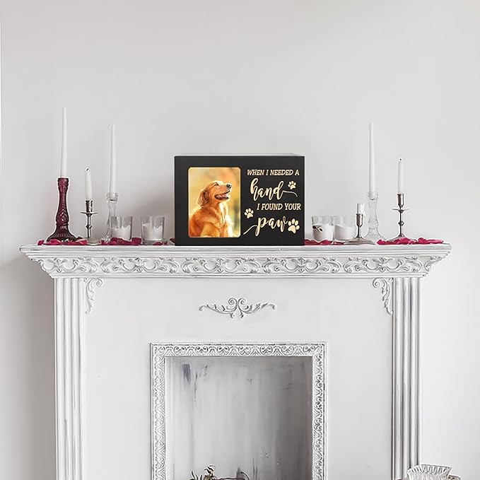Pet Memorial Urns for Dog or Cat Ashes, Large Wooden Funeral Cremation Urns with Photo Frame, Memorial Keepsake Memory Box with Black Flannel as Lining, Loss Pet Memorial Remembrance Gift