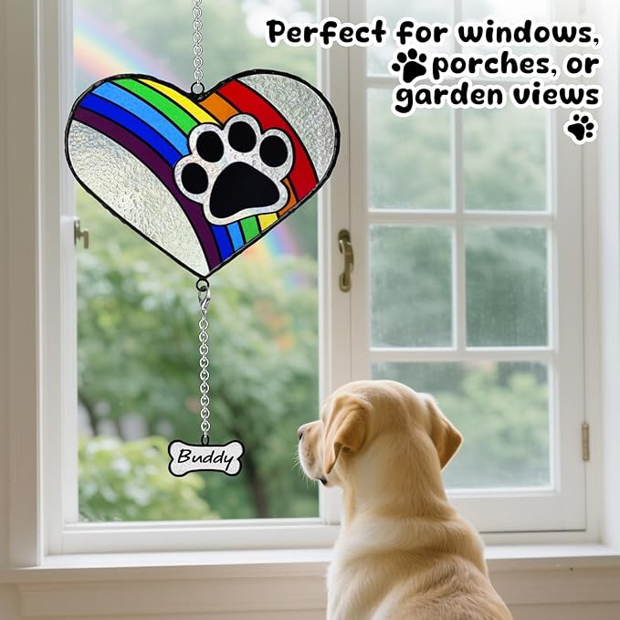 Stained Glass Rainbow Bridge Dog Memorial Gifts for Loss of Dog, Window Hanging Dog Memorial Suncatcher Sympathy Passing Away Pet Memorial Bereavement Dog Gifts, Paw Print