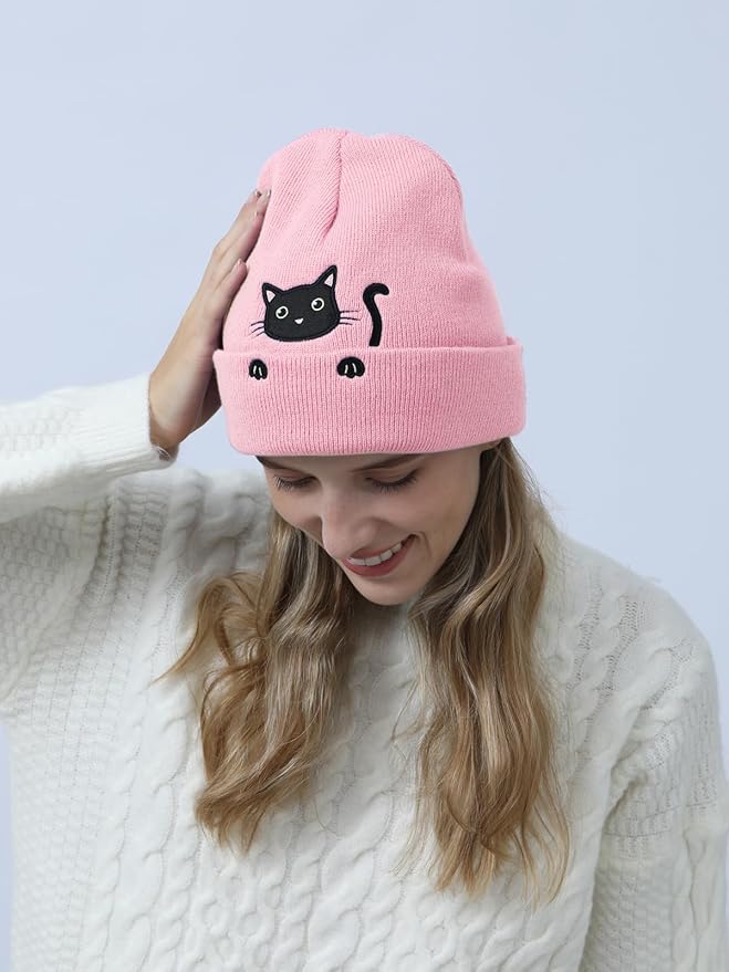 Women’s Cat Beanie Cute Cat Lover Gifts Animal Knitted Hats Christmas Stocking Stuffers for Women Girls
