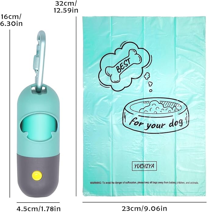 Dog Poop Bags Holder with LED Flashlight, 15 Crystal Blue Bags, 3 Accessories, 3 LR44 Batteries Included