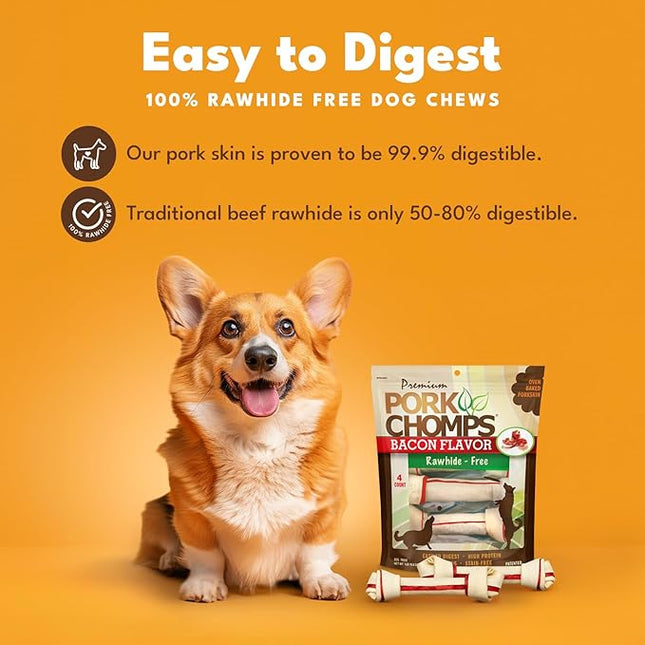 Pork Chomps Baked Pork Skin Dog Chews, 11-inch Knots, Bacon Flavor Strip, 4 Count