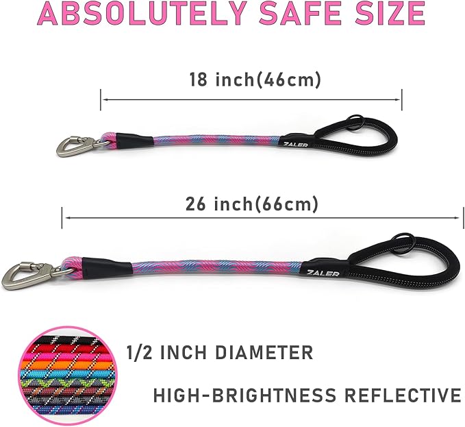ZALER Short Dog Leash, 26 Inches Rope Traffic Leashes for Dogs, Reflective Dog Lead with O-Ring, Heavy Duty Pet Leash for Large and Medium Dogs (26'' Blue Pink)
