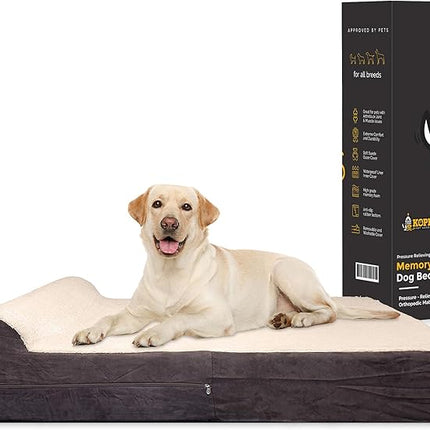 KOPEKS Jumbo Orthopedic Dog Bed - 7-inch Thick Memory Foam Pet Bed with Pillow with Removable Cover & Free Waterproof Liner - for Large Breed Dogs, XL, Brown-Plush Top