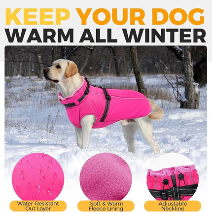 Lelepet Dog Winter Coat Waterproof Dog Jacket with Harness Built in Windproof Reflective Pet Coats for Small Medium Large Dogs, Thermal Fleece Lined Coats for Cold Weather Walking Hiking, Rose Red, XL