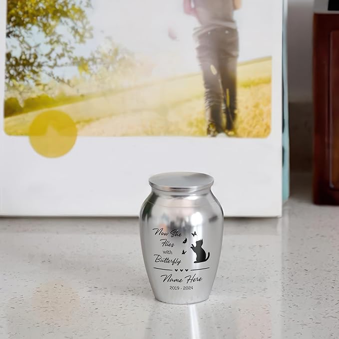 Artsy Woodsy Personalized Pet Memorial Mini Urns - Stainless Steel Decorative Keepsake Urns for Ashes, 2.56 inch, Gifts for Cat Lovers in Loving Memory