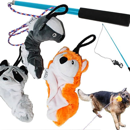 Jalousie Collapsible Dog Flirt Pole with Three Squeaky Toys Plush Toys Dog Teaser Wand Chase it Toy with Refills Upgraded Rope