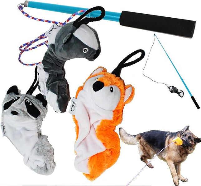 Jalousie Collapsible Dog Flirt Pole with Three Squeaky Toys Plush Toys Dog Teaser Wand Chase it Toy with Refills Upgraded Rope