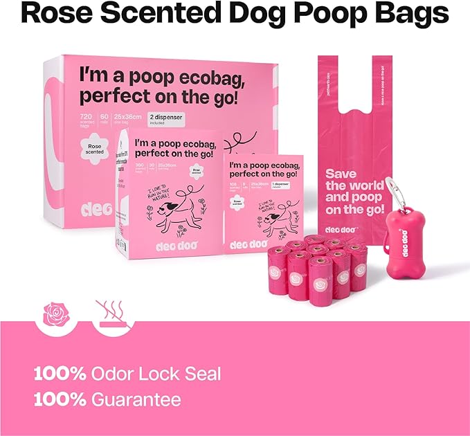 Dog Poop Bags with Handles 60 Rolls 720 Counts Big Sizes Leak Proof and Extra Thick Waste Bags Refill Rolls for Walking Small Medium Large Dogs Cats Litter With 2 Dispensers Rose Scented
