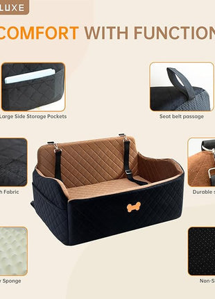Car Seat for Large Size Dog, Booster Seat for Dogs Under 55 lbs or 2 Small Dogs, Soft Car Dog Bed Filling in Thick Memory Foam with 2 Safety Leashes and Storage Pocket (Brown/Black)