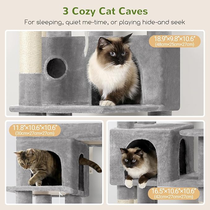 Globlazer Corner Cat Tree 66 inch Multi-Level Climbing Tower Kitty Condos Cat Scratching Tower for Indoor Multiple Cats with Large Platform, 3 Cat Caves, F66, Light Grey