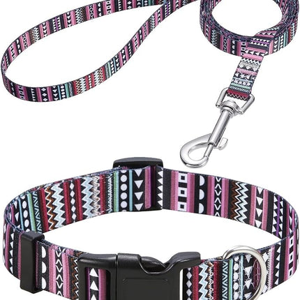 Dog Collar and Leash Set with Bohemia Floral Tribal Geometric Patterns - Soft Ethnic Style Collar Adjustable for Small Medium Large Dogs(Bohemian Purple Set,L)
