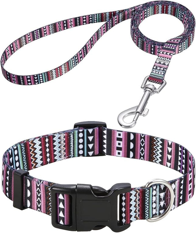 Dog Collar and Leash Set with Bohemia Floral Tribal Geometric Patterns - Soft Ethnic Style Collar Adjustable for Small Medium Large Dogs(Bohemian Purple Set,M)