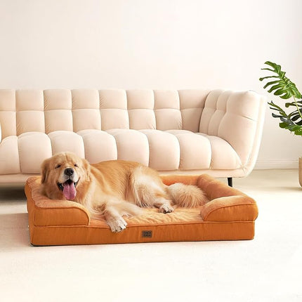 EHEYCIGA Orthopedic XL Dog Beds, Waterproof Memory Foam Dog Bed for Extra Large Dogs, Non-Slip Bottom and Egg-Crate Foam Big Pet Couch Bed with Washable Removable Cover,Pumpkin Orange