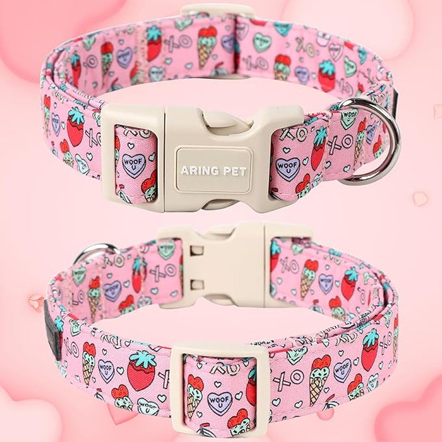 ARING PET Valentine's Day Dog Collar-Cotton Pink Girl Dog Collars, Adjustable Valentine Pet Collars Puppy Collar with Quick Release Buckle for Girl&Boy Dogs