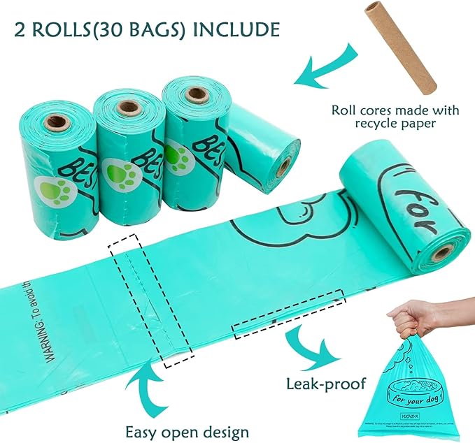 Dog Poop Bags Holder with LED Flashlight|Pet Waste Bags Dispenser for Leash|Doggie Potty Bags Container with Leak-proof Pet Trash Bags and Accessories (2 Holders 30 Bags, Crystal Blue)