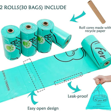 Dog Poop Pickup Bags Holder Dispenser with Standard-Sized Leak-Proof Scented Doggy Waste Bags and Carabiner with Safety Lock&Fastener Never Loose on Leash Lead Again (2 Holders 30 Bags, Blue)