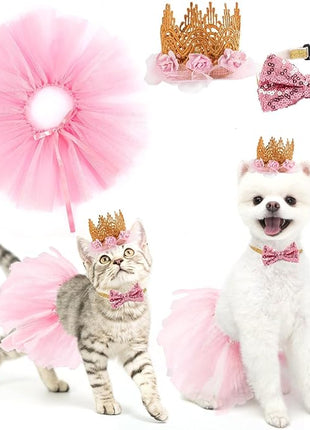 BINGPET Doggy Tutu Skirt Dog Cat Birthday Party Supplies,Cat Dogs Wedding Dresses with Bowtie and Dog Party Hats Princess Crown Hat Set,Sweet Gift for Small to Medium Dogs Cat