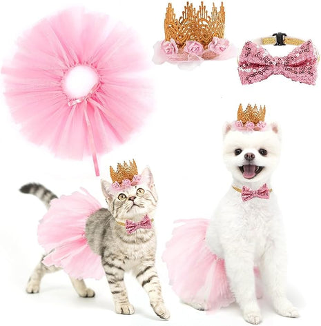 BINGPET Doggy Tutu Skirt Dog Cat Birthday Party Supplies,Cat Dogs Wedding Dresses with Bowtie and Dog Party Hats Princess Crown Hat Set,Sweet Gift for Small to Medium Dogs Cat