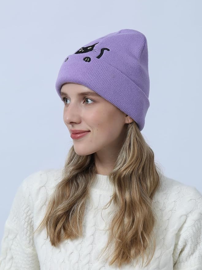 Women’s Cat Beanie Cute Cat Lover Gifts Animal Knitted Hats Christmas Stocking Stuffers for Women Girls