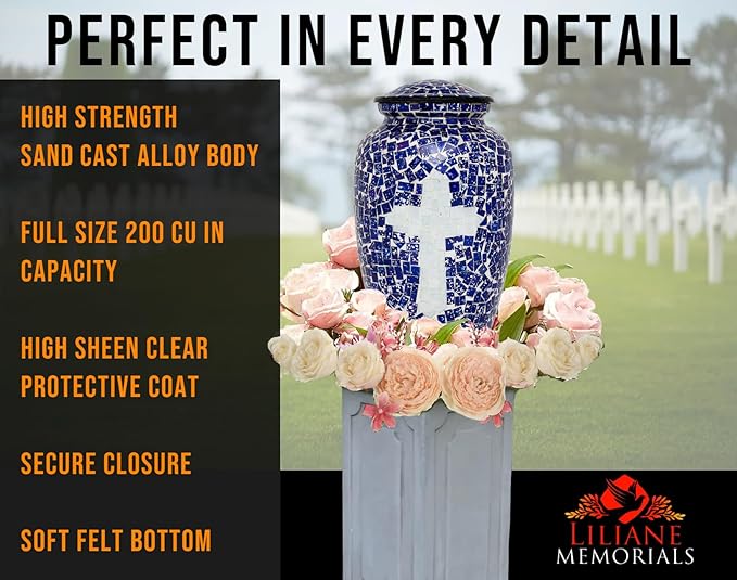 Liliane Memorials Mosaic Glass Cremation Urn - Hand Made Funeral Urn for Human Ashes - Large Adult Size - 200 cu in (Blue-White Cross)