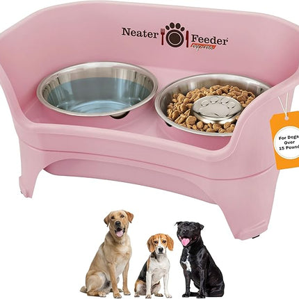 Neater Feeder - Express Model w/Slow Feed Bowl - Mess-Proof Dog Bowls (M/L, Pink) Made in USA – Elevated, No Spill, Non-Tip, Non-Slip, Raised Stainless Steel Food/Water Pet Bowls Aid Digestion