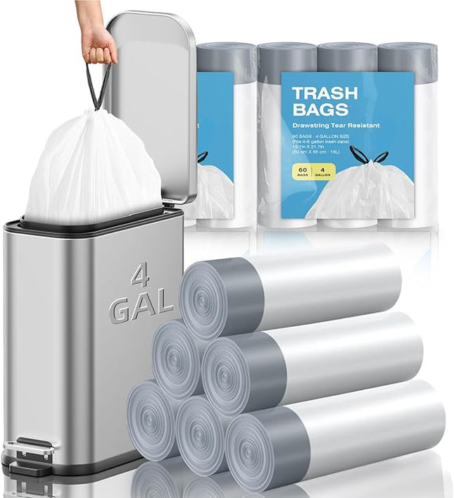 4 Gallon Mini Drawstring Trash Bags, Small Garbage Bags by KSSKSS, Code a fit 15-22 Liter, 4-6 Gal, White Trash Bin Liners for Home Office Kitchen Bathroom Bedroom, 120 Counts