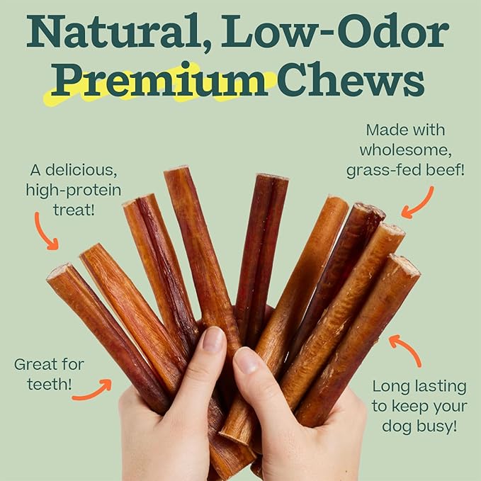 WOOF Bully Sticks Dog Treats - Chew Sticks for Dogs - Long-Lasting Dog Chew Treats - Made with Free-Range, Grass-Fed Beef - 12" Sticks - 10pk