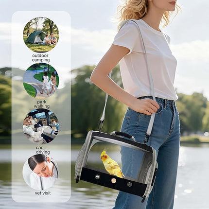 Bird Carrier, Portable Small Bird Cockatiel Conure Parrot Parakeet Carrier with Standing Perch and Stainless Steel Tray, Side Access Window Collapsible (Black, Cylinder Design - Clear)