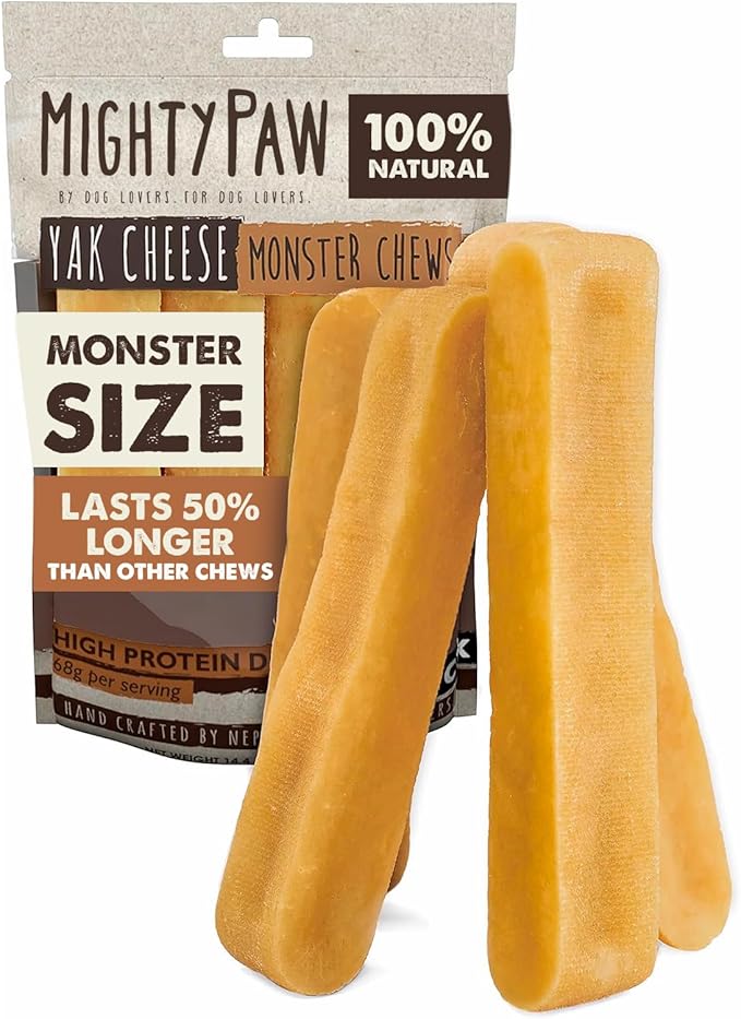 Mighty Paw Yak Cheese Dog Chews - All-Natural Treats for Dogs - High Protein Treat with 68 Grams of Protein Per Chew - Delicious and Long Lasting - Limited Ingredients - Monster 4 Pack