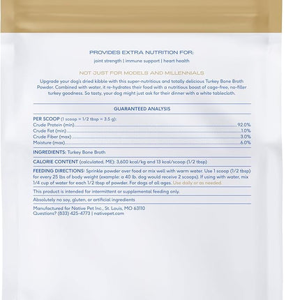 Native Pet Bone Broth for Dogs and Cats - Turkey Bone Broth Powder Dog Food Toppers for Picky Eaters - Provides Extra Nutrition for Joint Strength, Immune Support & Heart Health - 192 Scoops