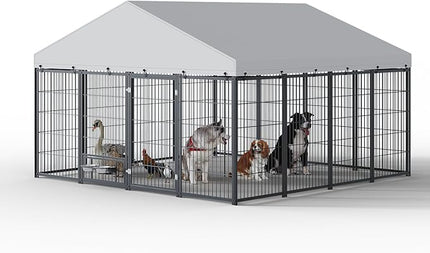 Large Outdoor Dog Kennel with Roof, 9.62’ x 9.35’ x 6.18’ Metal Pet Enclosure, UV & Weatherproof, Spacious Dog Run with Adjustable Feeders Suitable for Dogs, Chickens, Rabbits & More