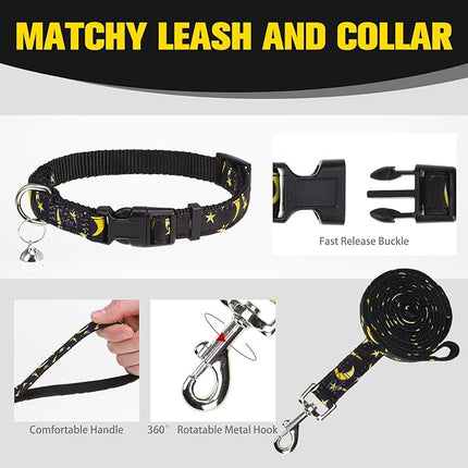 EXPAWLORER Small Dog Harness and Leash Set - Cute Puppy Harness Leash Dog Collar with AirTag Holder Silicone Case, Soft Padded Step in Pet Vest Reflective for Outdoor Walking, Star-Moon S