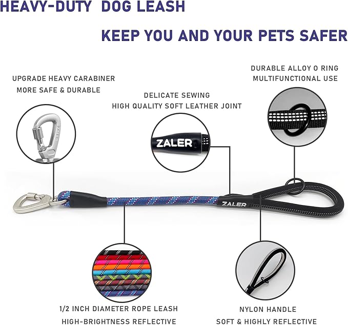 ZALER Short Dog Leash, 26 Inches Rope Traffic Leashes for Dogs, Reflective Dog Lead with O-Ring, Heavy Duty Pet Leash for Large and Medium Dogs (26" Dark Blue)