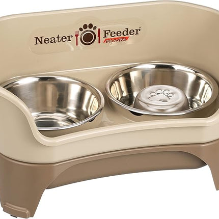 Neater Feeder - Express Model w/Slow Feed Bowl - Mess-Proof Dog Bowls (M/L, Cappuccino) Made in USA –Elevated, No Spill, Non-Tip, Non-Slip, Raised Stainless Steel Food/Water Pet Bowls Aid Digestion