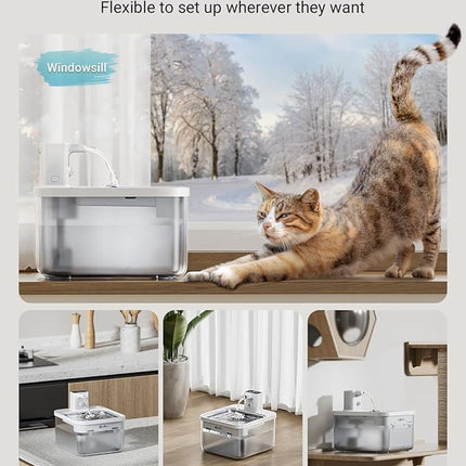 DownyPaws Battery Operated Cat Water Fountain Stainless Steel, 84oz/2.5L Fursink Wireless Pet Water Fountain for Cats Inside, Automatic Dog Water Dispenser with Faucet, Quiet Pump, BPA-Free, White