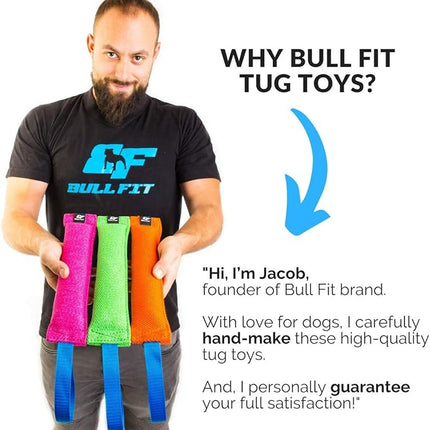 Bull Fit K9 Dog Bite Tug Toy with 2 Strong Handles - Made of Durable & Tear-Resistant French Linen - Perfect for Tug of War, Fetch & Puppy Training - Ideal for Medium to Large Breeds