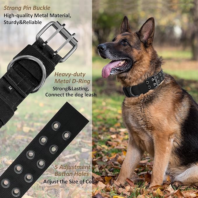 Tactical Dog Collar Military Adjustable Dog Collars Soft Nylon Training Collar with Patch Heavy Duty Metal Buckle Collars for Medium Large Dogs (Black, XL)
