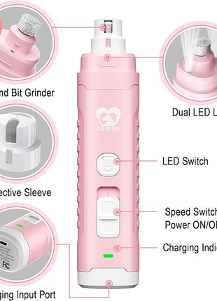 Casfuy Dog Nail Grinder with 2 LED Light for Large Medium Small Dogs - 3X More Powerful 2-Speed Electric Pet Nail Trimmer Rechargeable Quiet Painless Paws Grooming & Smoothing Tool
