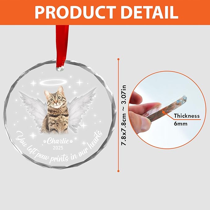 Personalized Cat Memorial Ornament, Pet Loss, Angel Keepsake for Cat Lovers, Custom Photo Glass Ornament – You Left Paw Prints in Our Hearts