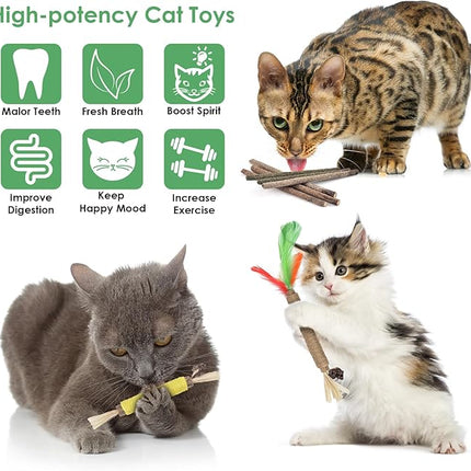 Bissap 16 PCS Silvervine Chew Sticks for Cats, Catnip Chew Sticks Cat Toys for Indoor Cat Kitten Teeth Grinding Interactive Feather Toys for Aggressive Chewers Dental Care