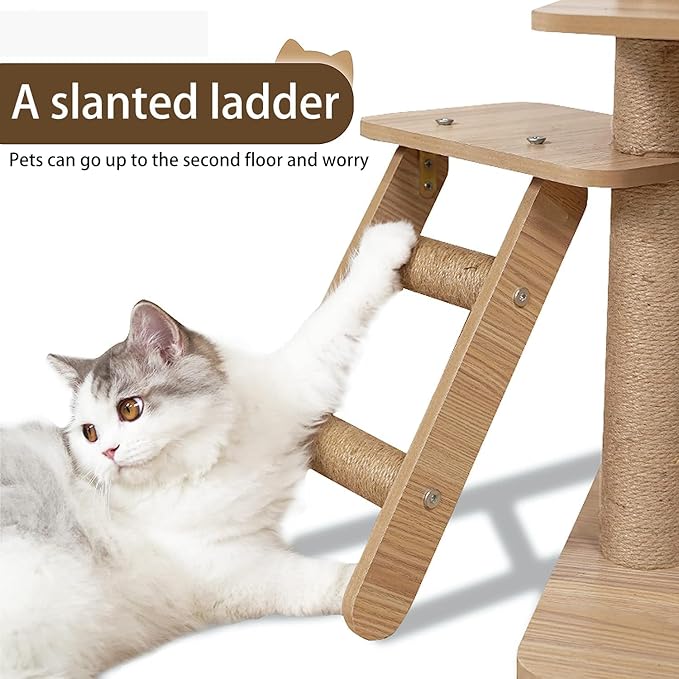 65-Inch Multi-Pure Wood-Level Cat Tree Tower with Condo, 13 Scratching Posts, with Padded Platform Bed, Toy Balls, and Sisal Scratching,Cat Tree for Indoor Cats Large Adult，Wood cat Tree.