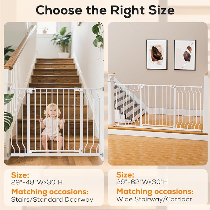 29-48" Baby Gate for Stairs, Baby Safety Essentials, Auto Close Gate for Doorways, Easy Install Pressure Mounted Dog Gate Indoor, Pet Gates for Dogs, White