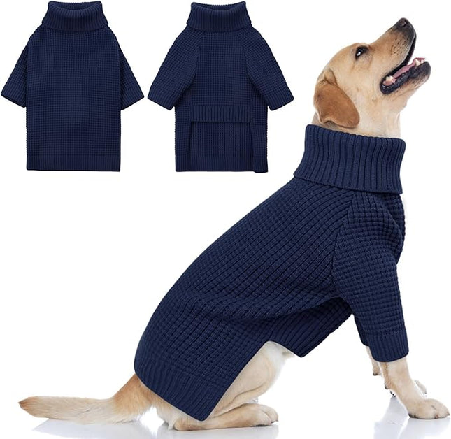 Queenmore Large Dog Sweater - Turtleneck Knitted Pullover Xmas Dog Clothes, Warm Sweatshirt, XL, Navy Blue