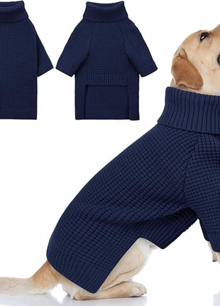 Queenmore XXL Dog Sweater, Large Paild Dog Sweaters, Turtleneck Pet Sweaters for Large Breeds, Cold Weather Doggie Clothes, Navy Blue 2XL
