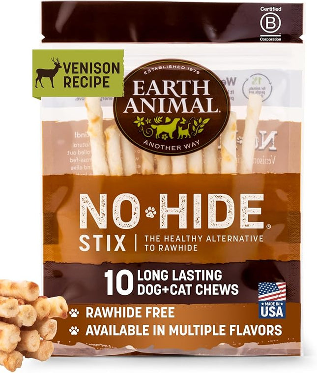 Earth Animal No Hide Stix - Long Lasting Rawhide Free Small Dog Chews Sticks, Venison - 10 Count