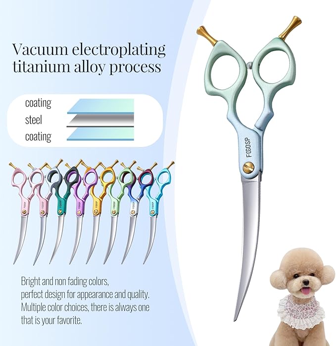 Professional Curved Dog Grooming Scissors with Sharper Self Grinding lightweight and finely trimmed split structure 6.5'' Japan VG10 63HRC for small dogs cat pet(Blue&Green)