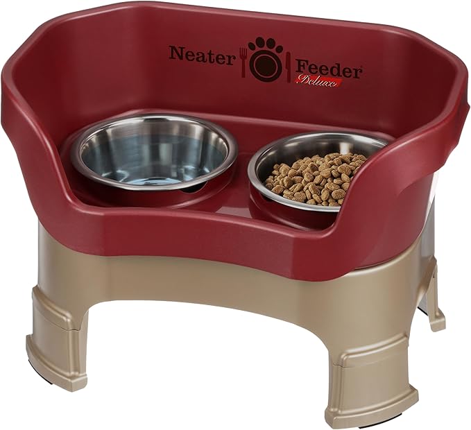 Neater Feeder Deluxe Mess Proof Dog Bowls Elevated Medium Sized Dogs (19-40 lbs) Made in USA, No Spill Raised Dog Food Bowl Stand w/Leg Extension, Stainless Steel Food and Water Bowl Set, Cranberry