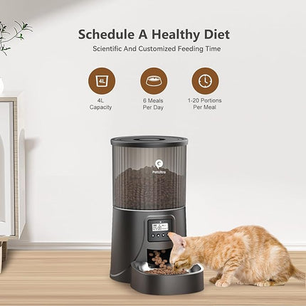 Automatic Cat Feeder: 4L Timed Cats Food Dispenser Programmable 1-6 Meal for Cat and Small Medium Dog- Auto Pet Feeder Easy to Set Up Dual Power Supply with Desiccant Bag| Detachable Washable